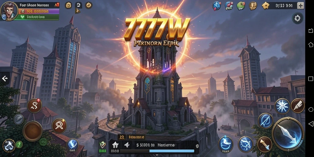Screenshot gameplay 7777W menunjukkan pertahanan menara yang mendebarkan.