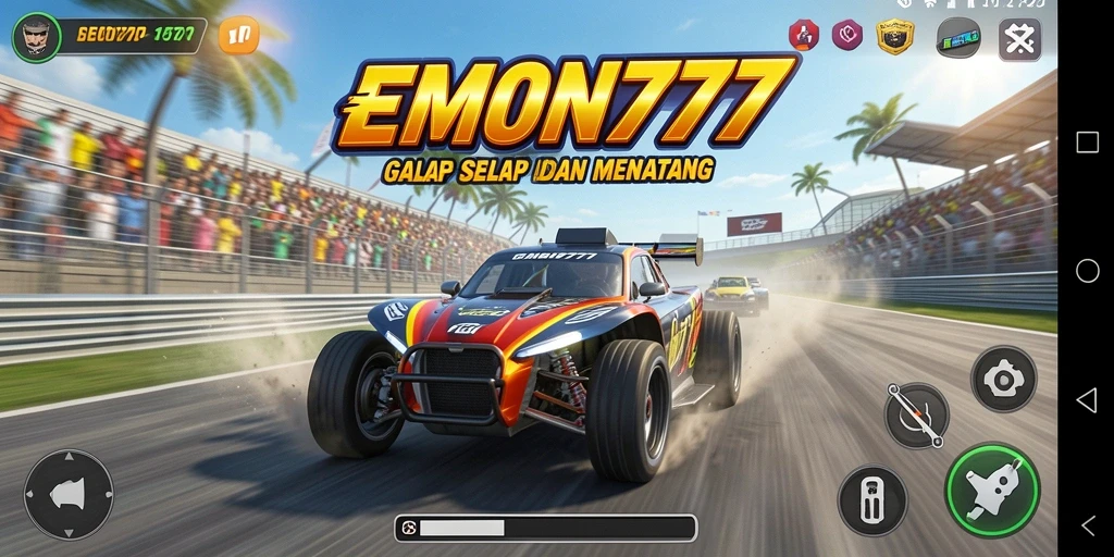 Tangkapan layar gameplay EMON777 dengan adegan balap seru dan mobil yang melaju kencang.